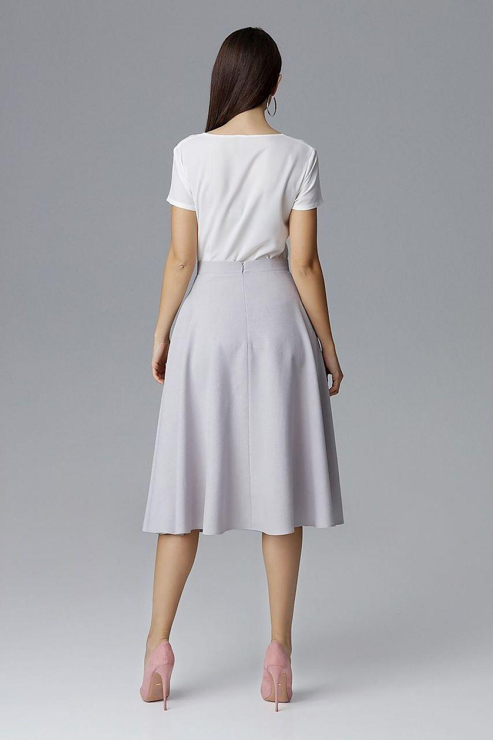 Light grey midi skirt, back view with gathered waist and flared hem