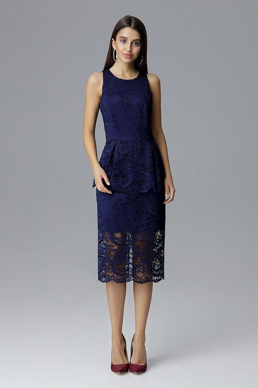 Evening dress, navy blue lace sleeveless midi with fitted waist and straight skirt hem
