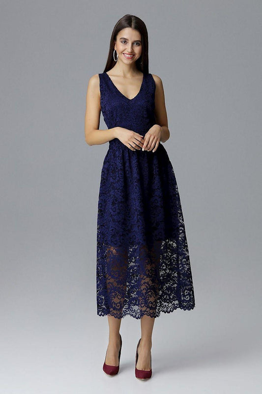 Navy blue lace evening dress, V-neck sleeveless with draped waist detail