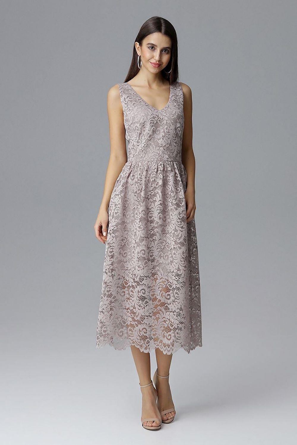 Taupe lace evening dress, V-neck sleeveless midi with gathered waist and scalloped hem.