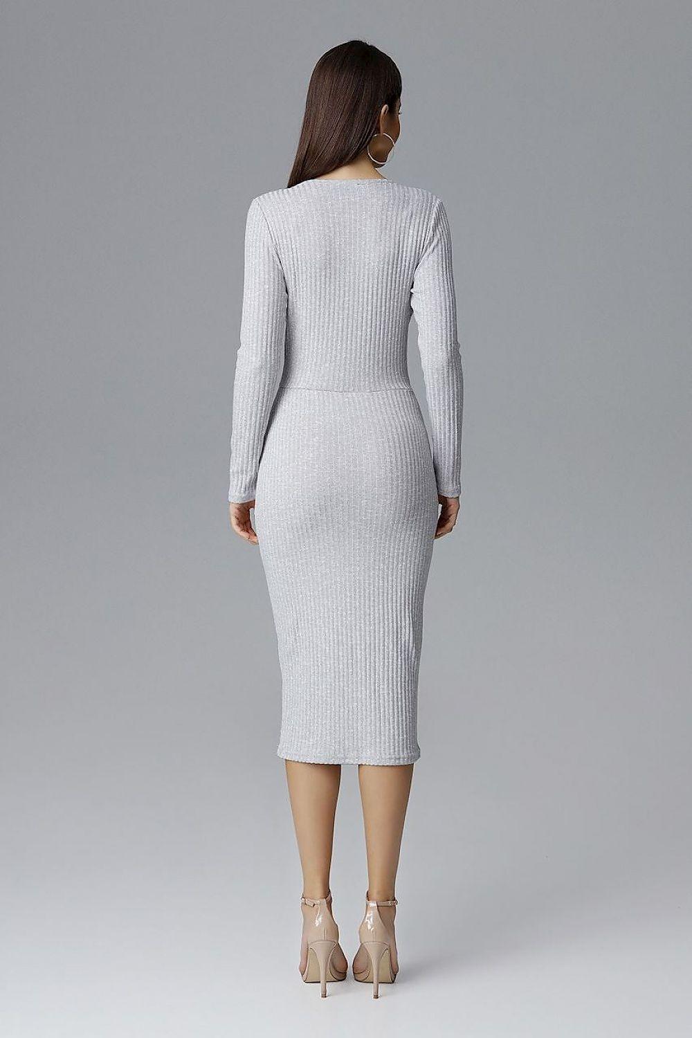 Figl cocktail dress fitted midi pencil, long sleeves, textured grey fabric, back view