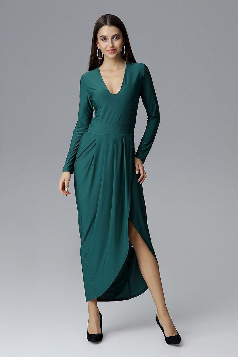 Green maxi dress with heart neckline, long sleeves and thigh slit