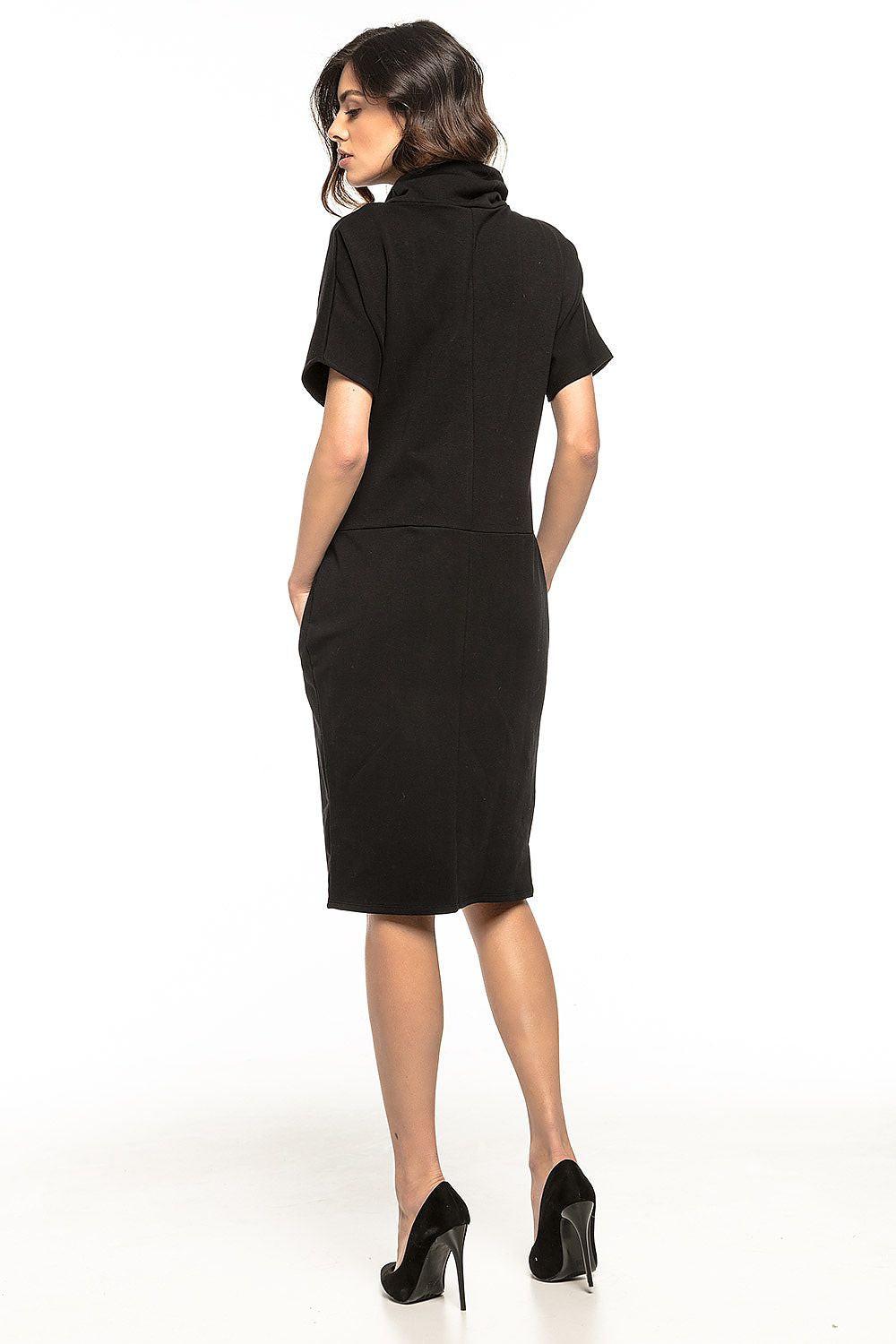 Black short-sleeve daydress with hood, back view, zip front, midi length