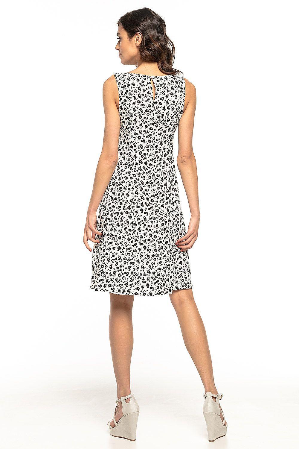 Sleeveless daydress with small all-over print, grey and white, scoop back, knee length