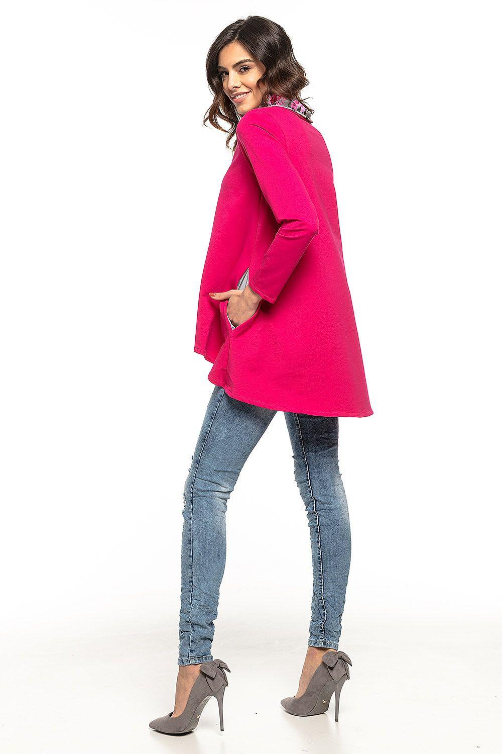 Pink tunic with long sleeves, cowl-style collar, asymmetric hem