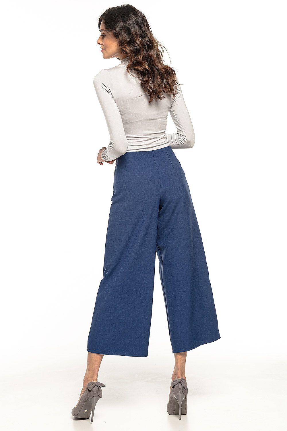 Navy blue high-waist wide-leg trousers, 7/8 length, side view with back seam