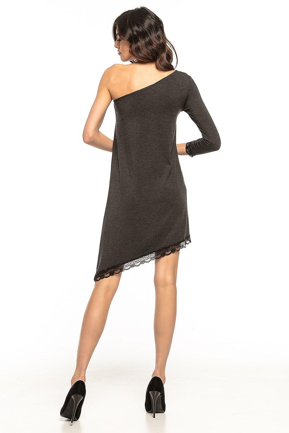 Tessita grey one-shoulder short dress, back view, lace-trim hem