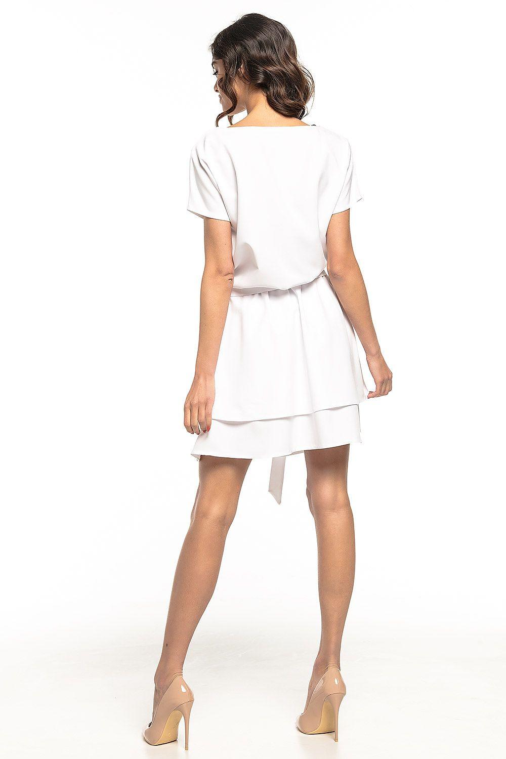 Tessita white daydress back view with short sleeves, tiered skirt, and waist sash tie