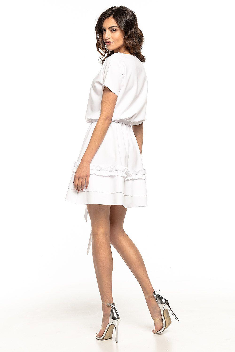 White daydress side view with tiered ruffle hem, short sleeves, drawstring waist