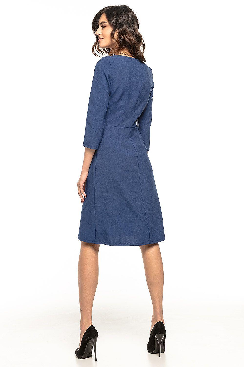 Navy blue daydress back view with 3/4 sleeves and waist seam, midi A-line skirt