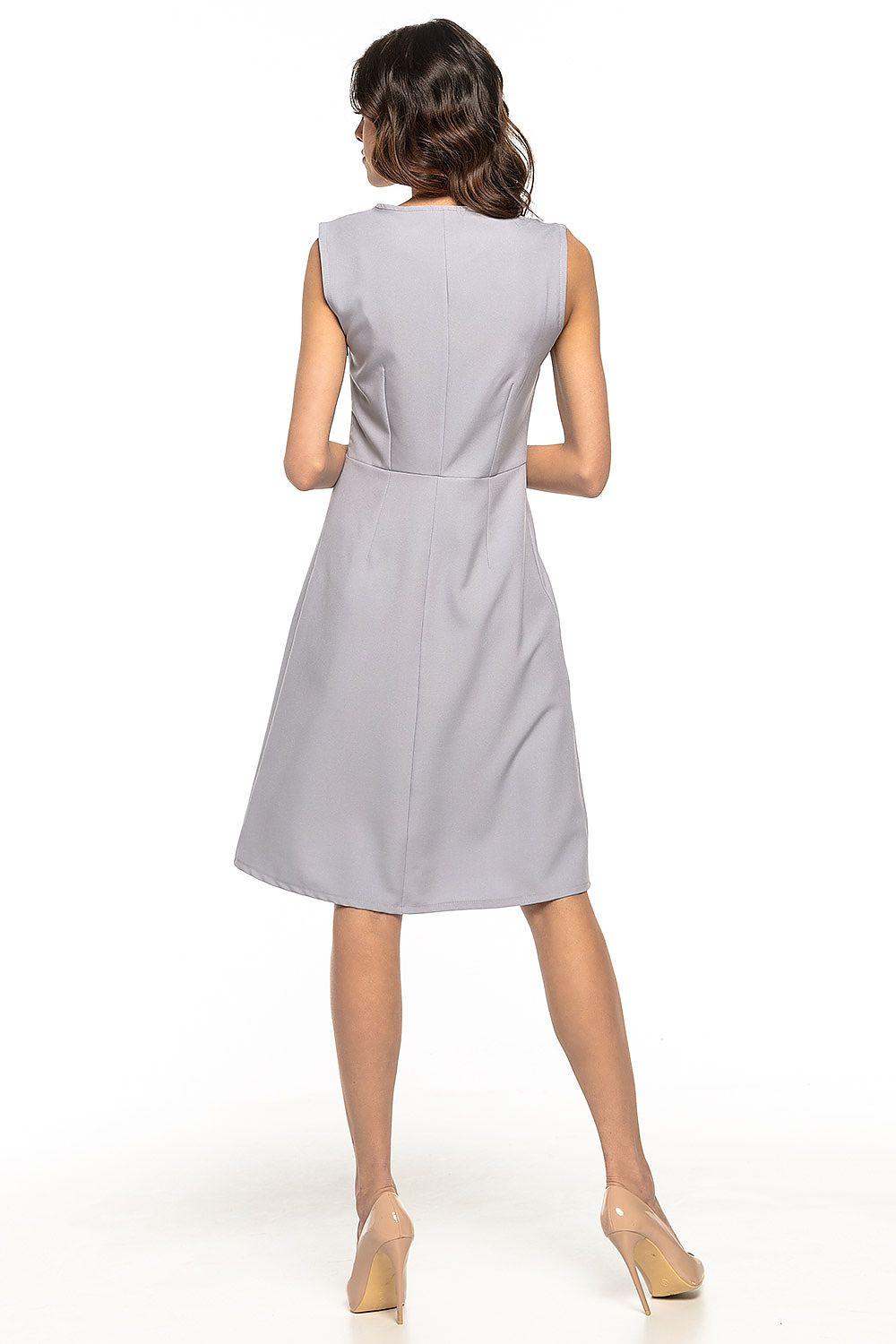 Grey sleeveless daydress, back view, fit-and-flare knee length