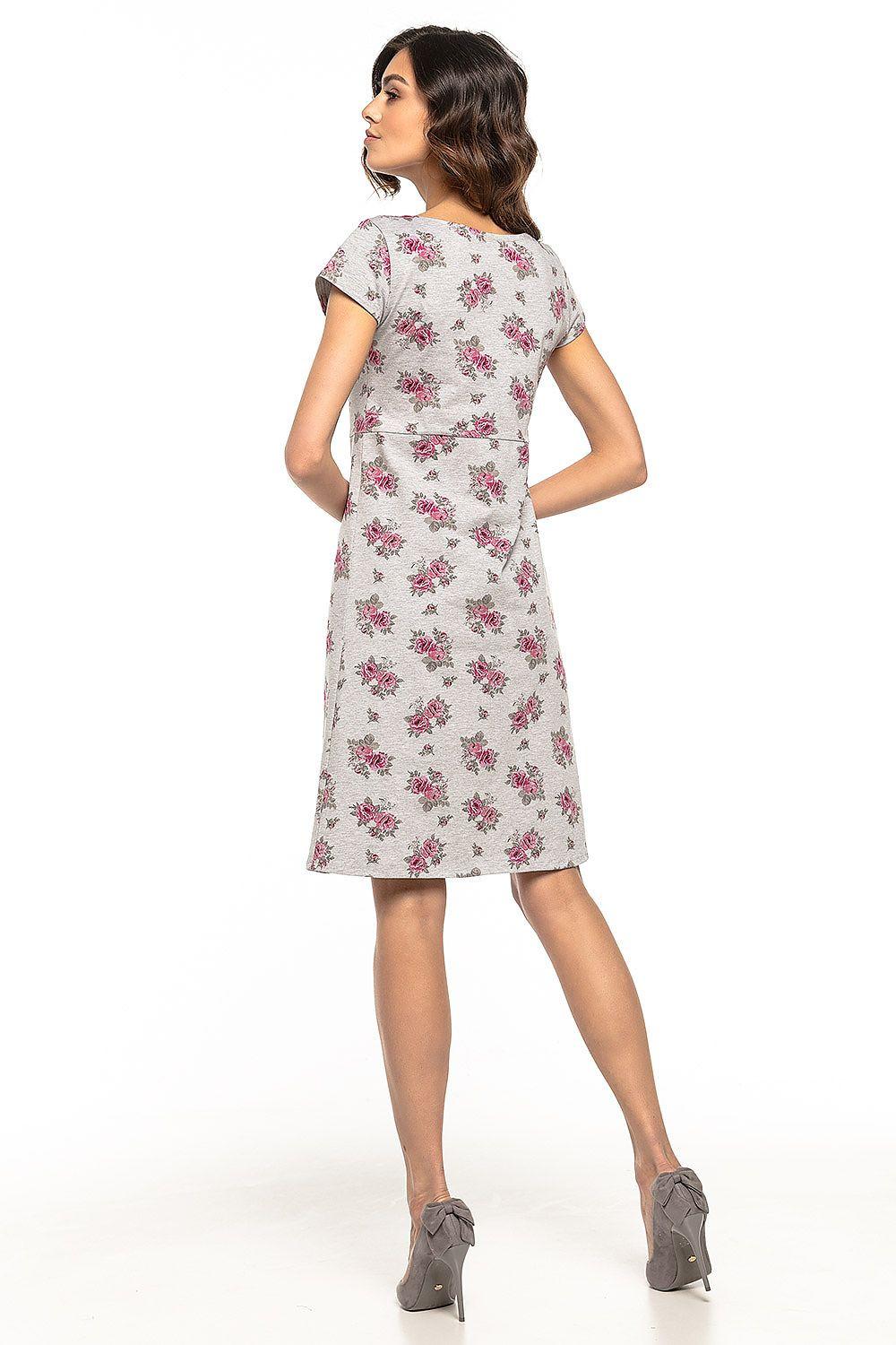 Grey floral daydress with cap sleeves, back view, knee-length skirt