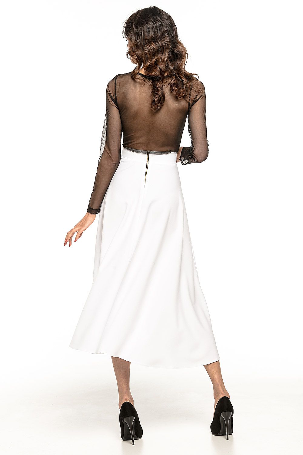 White midi A-line skirt back view with tie belt waist