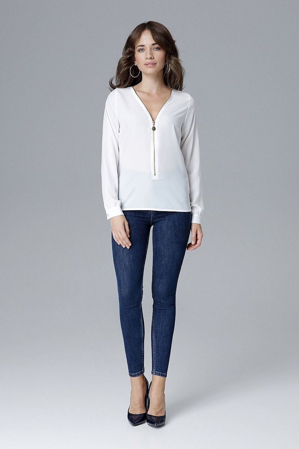 Long-sleeve blouse with V-neck and front zipper detail, white