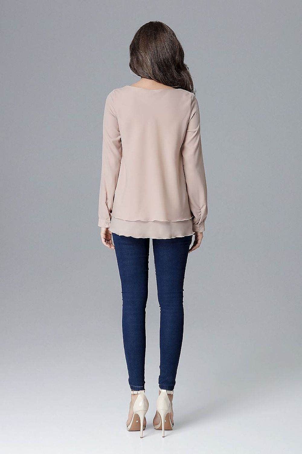 Beige long-sleeve blouse, back view, frill hem and relaxed fit