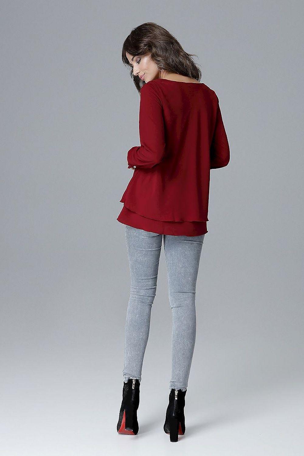Red long-sleeve blouse, back view, with tiered ruffle hem