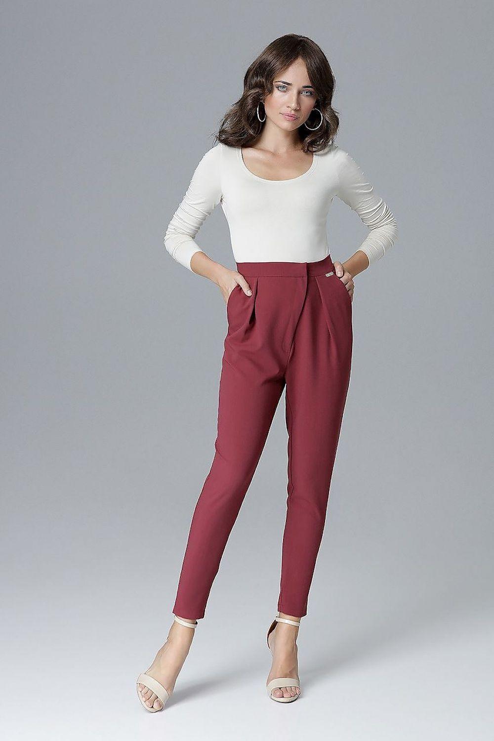 Red high-waist tapered trousers, ankle length, slim fit, angled view.