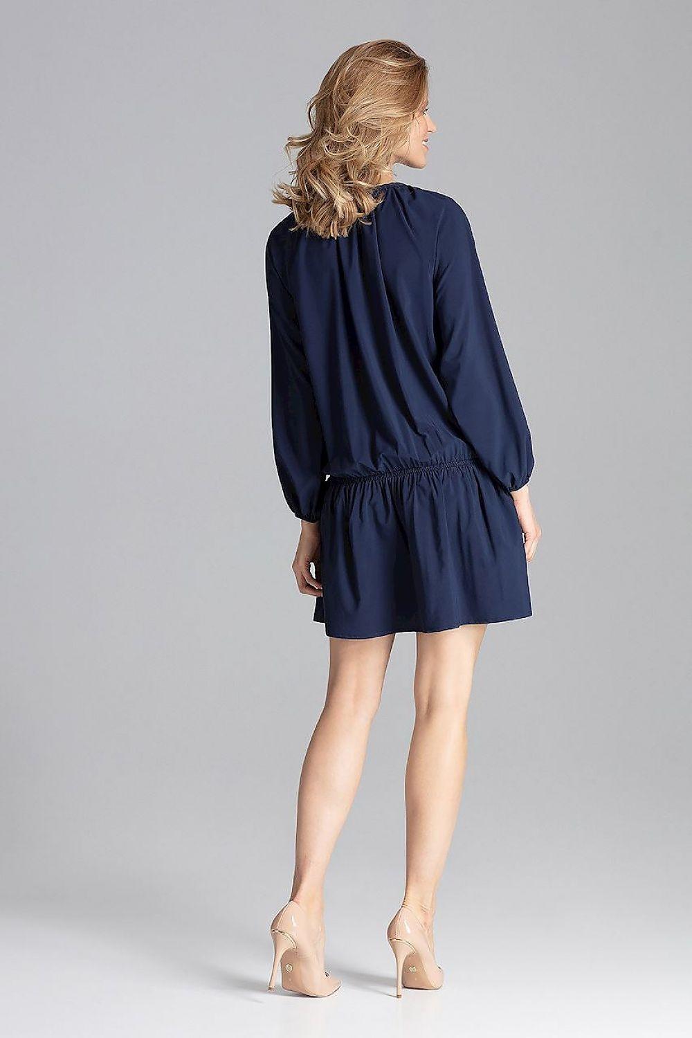 Figl navy daydress back view, long sleeves and elastic waist, short gathered skirt