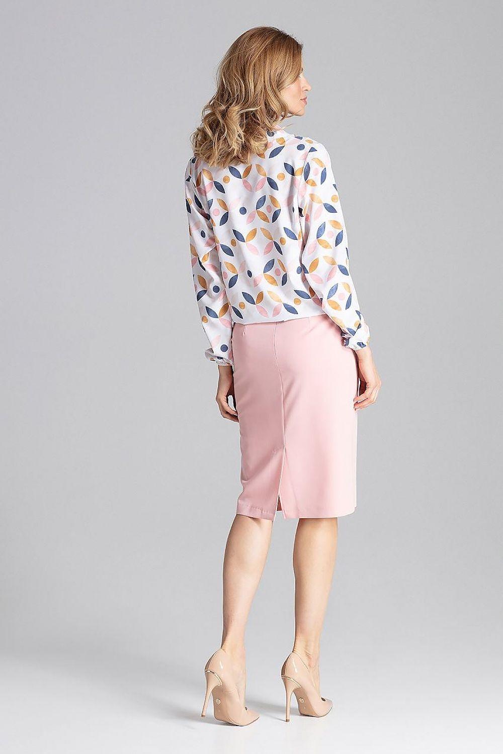 Figl printed V-neck blouse with long sleeves in a light base, back view.