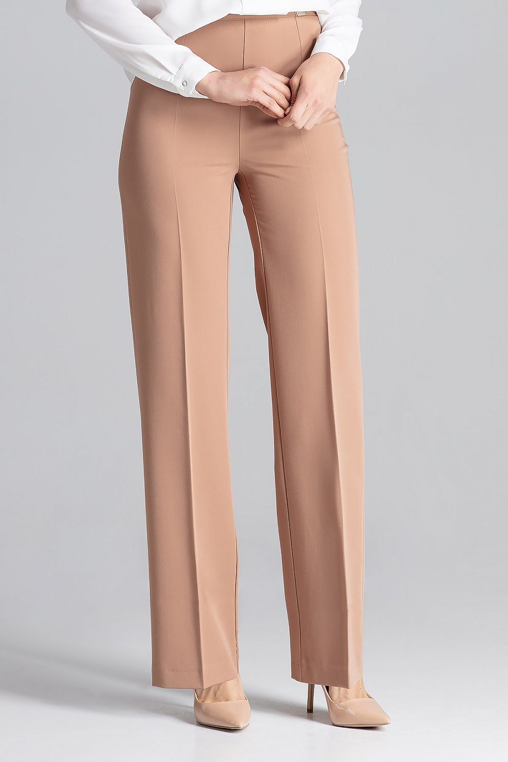 Brown wide-leg trousers with center crease and tailored fit