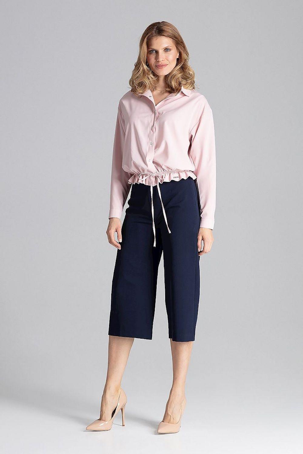 Women’s navy blue cropped trousers with straight wide-leg legs