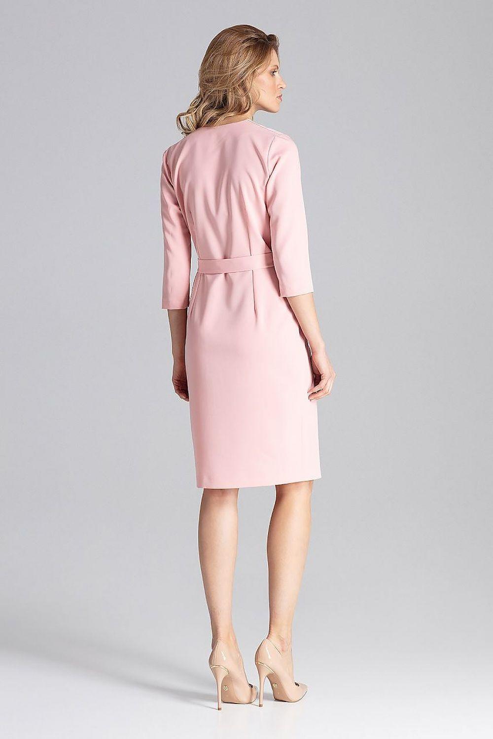 Figl pink wrap daydress with tie waist and 3/4 sleeves, back view