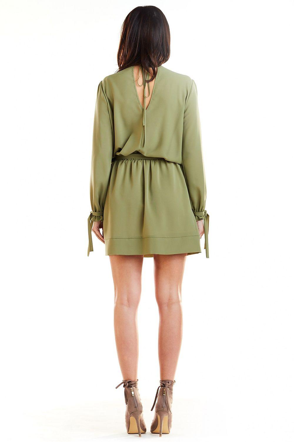 Green awama day dress with V-back, gathered waist, and long sleeves
