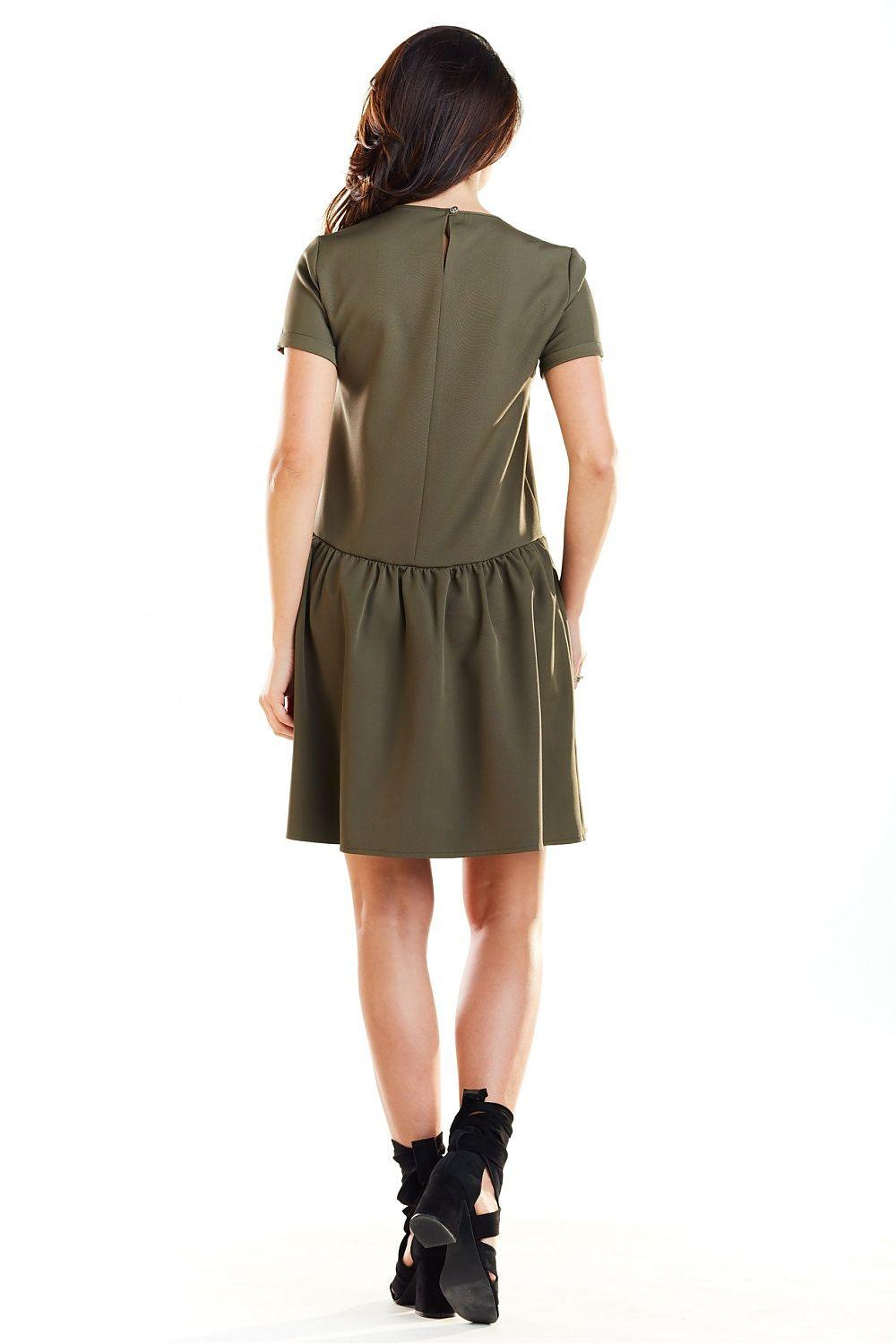 Olive green short-sleeve daydress, back view, gathered waist and flared skirt