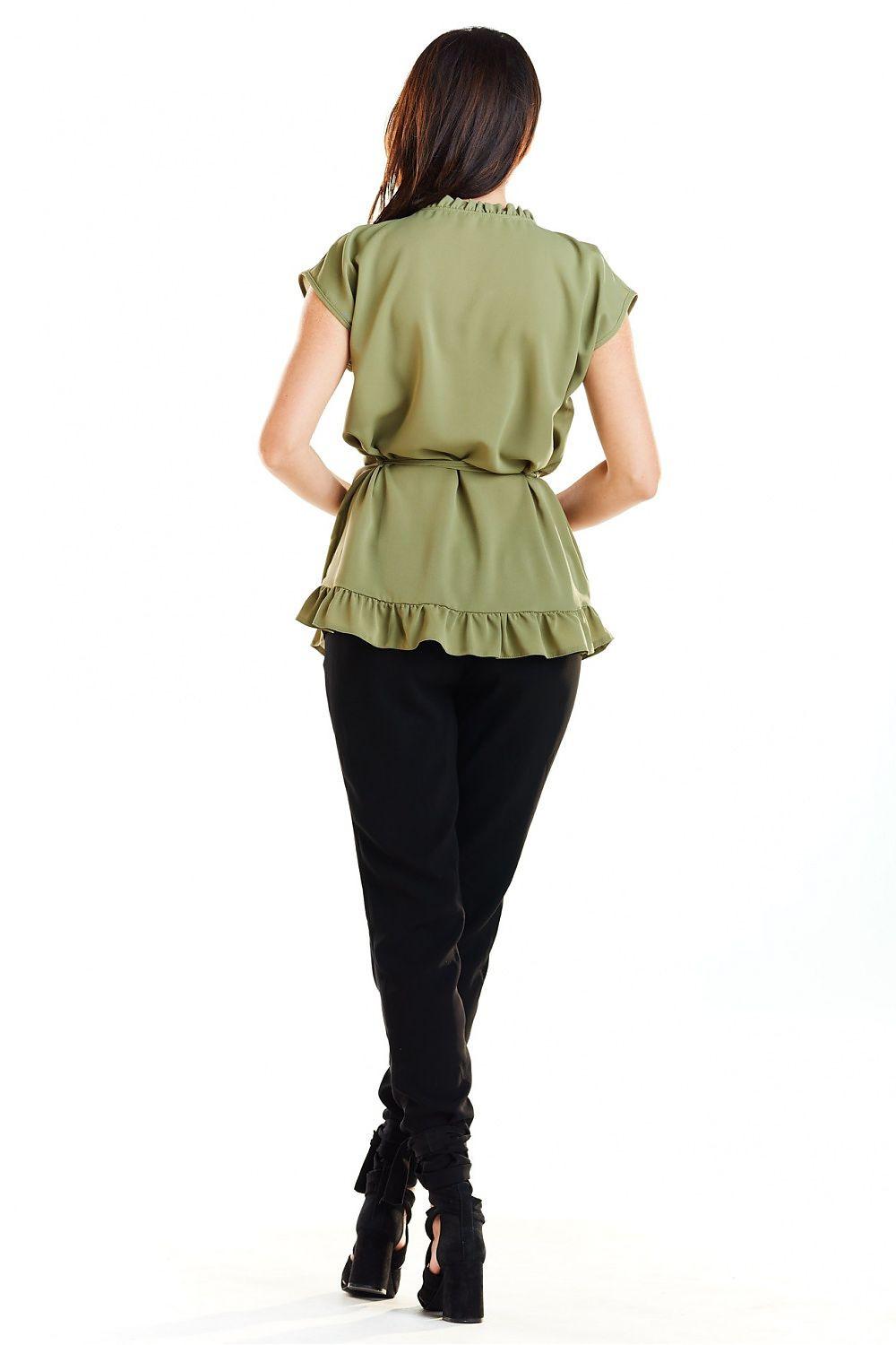 Awama green tie-neck blouse with cap sleeves and peplum hem, back