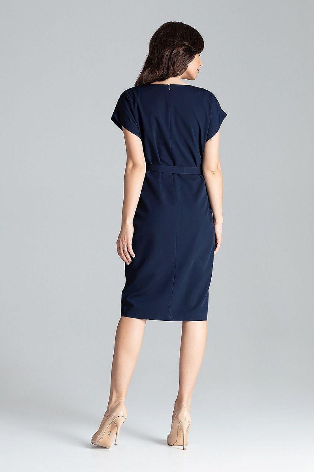 Lenitif navy day dress, back view, tied waist belt and short sleeves