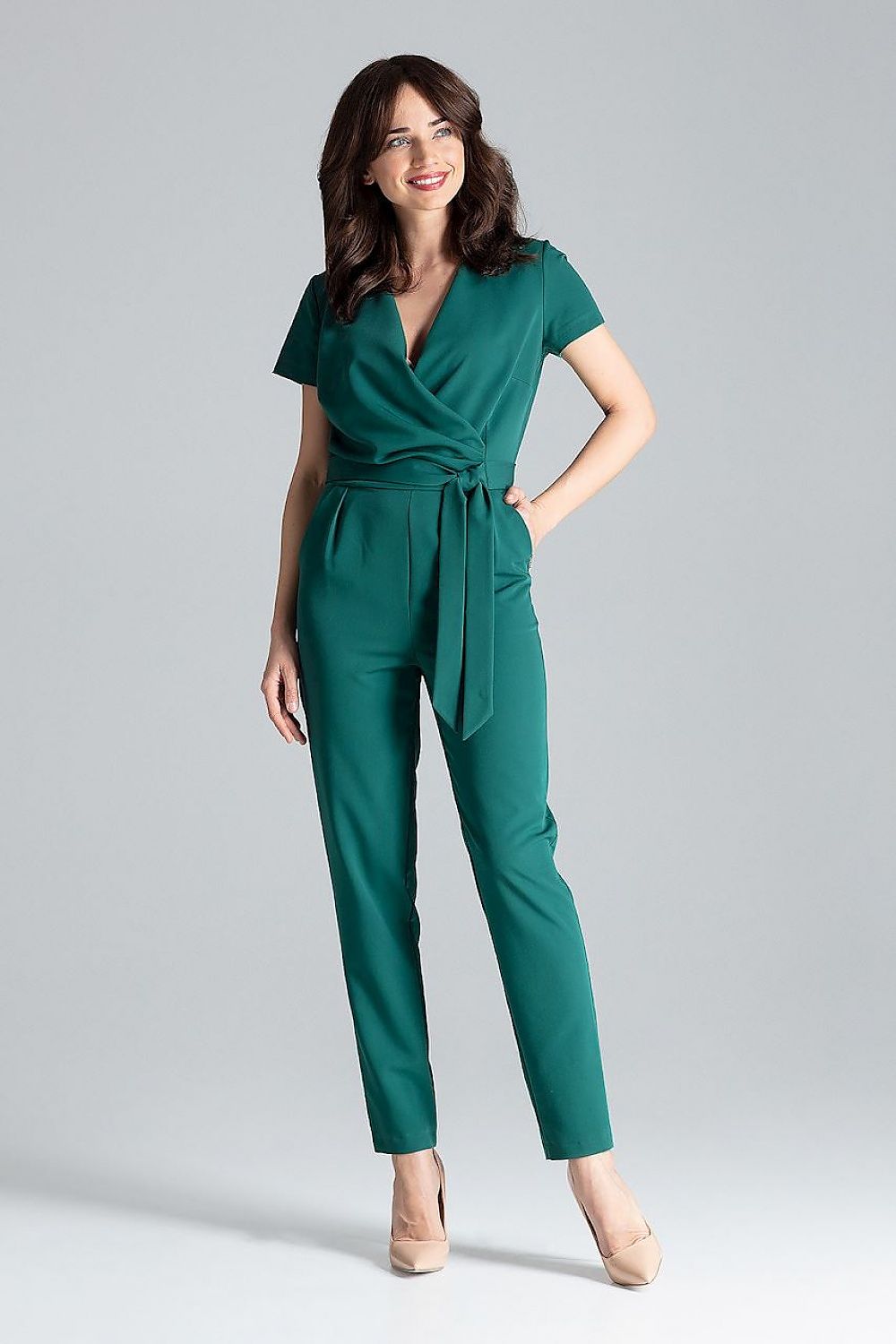 Green draped jumpsuit with V-neck, short sleeves, and waist tie