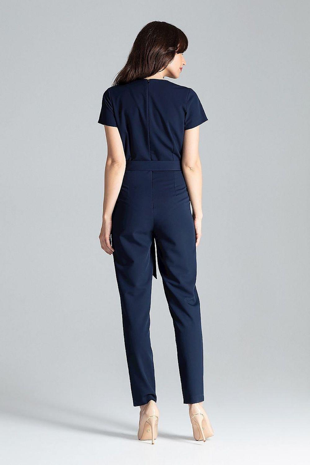 Women’s navy tie-waist jumpsuit, back view with V-neck and tapered legs.