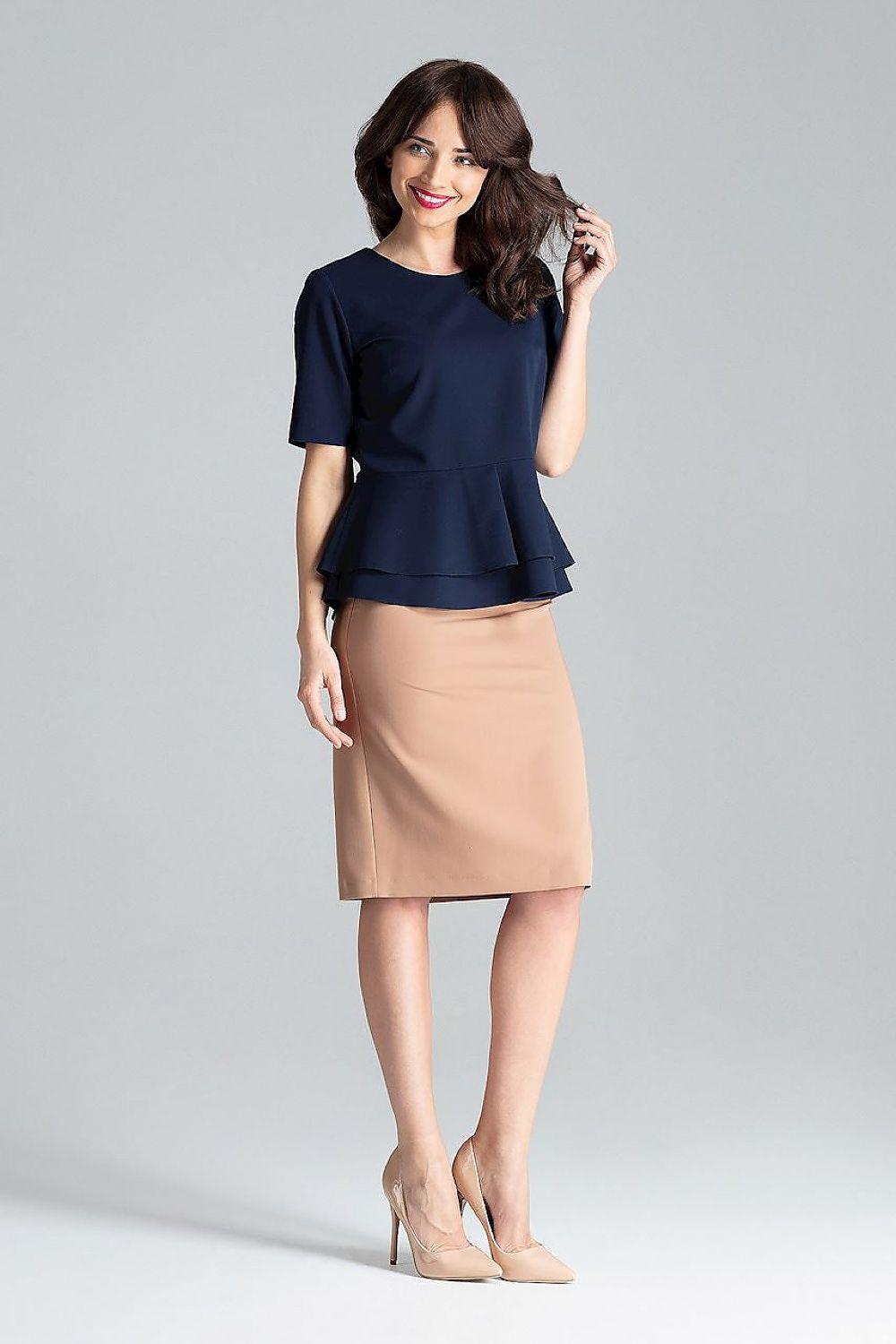 Lenitif navy blue blouse with short sleeves and peplum hem