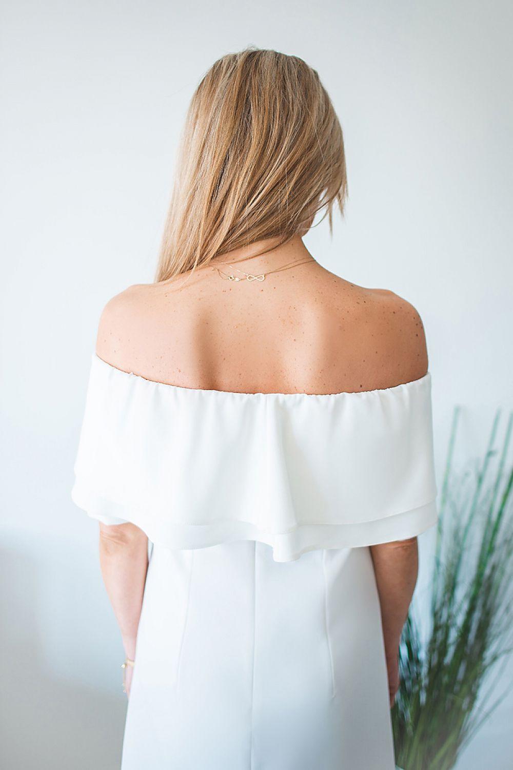 White off-shoulder cocktail dress back view with ruffled upper