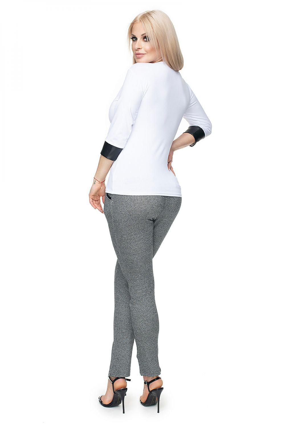 White PeeKaBoo blouse back view with 3/4 sleeves and black contrast cuffs