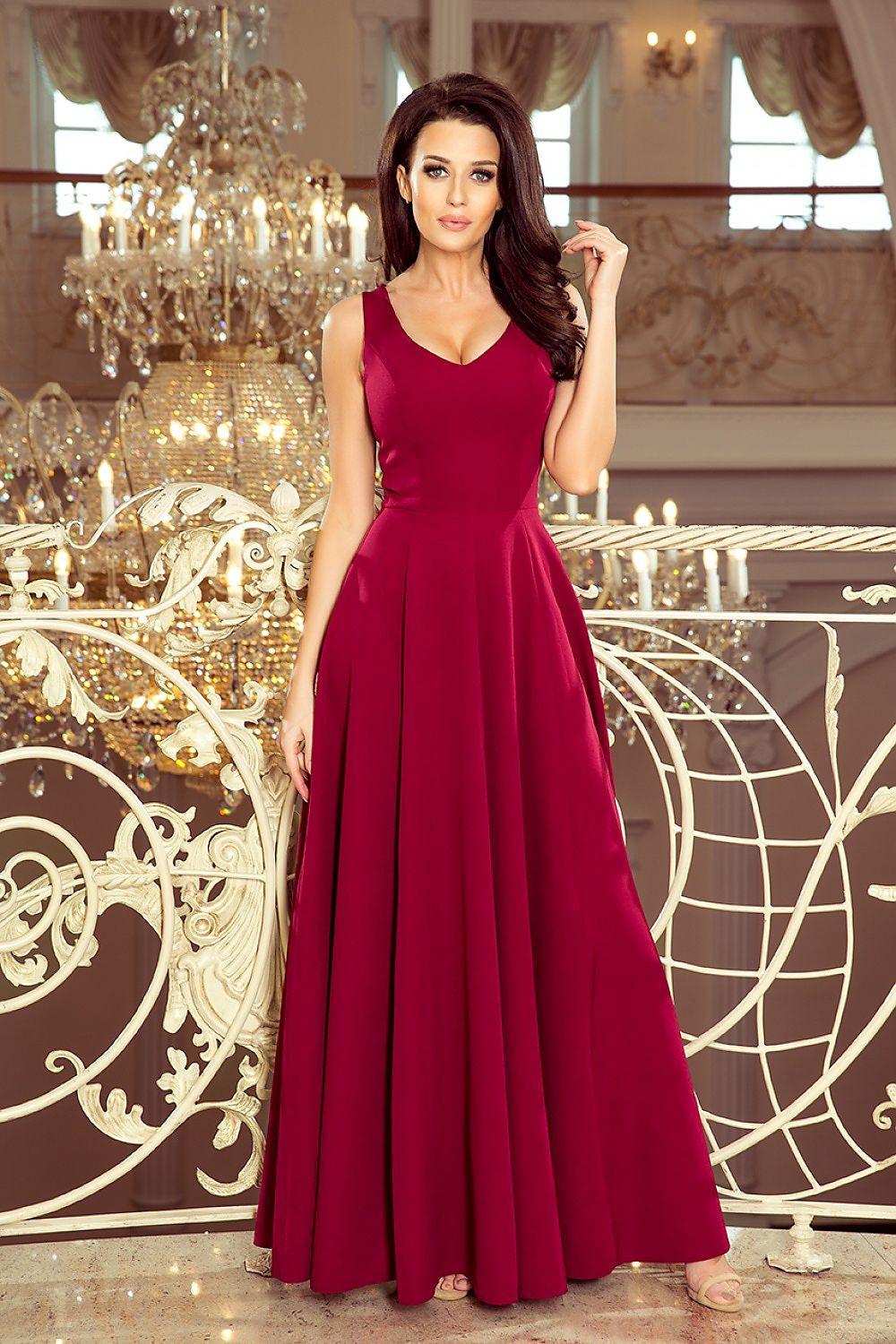 Burgundy V-neck sleeveless maxi dress with fitted bodice and flowing skirt