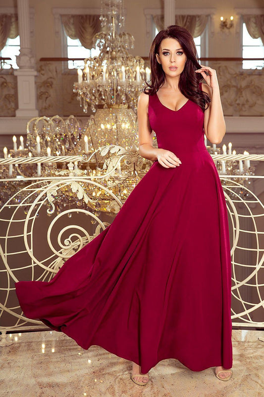 Burgundy V-neck sleeveless maxi evening dress with flowing flared hem