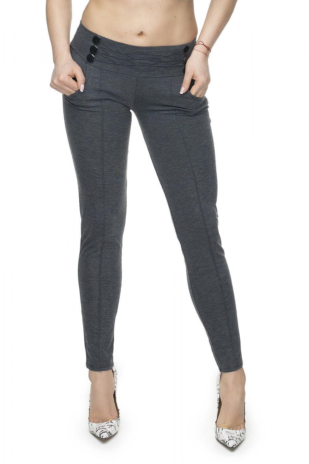 Fitted dark grey trousers with button accent and side pockets