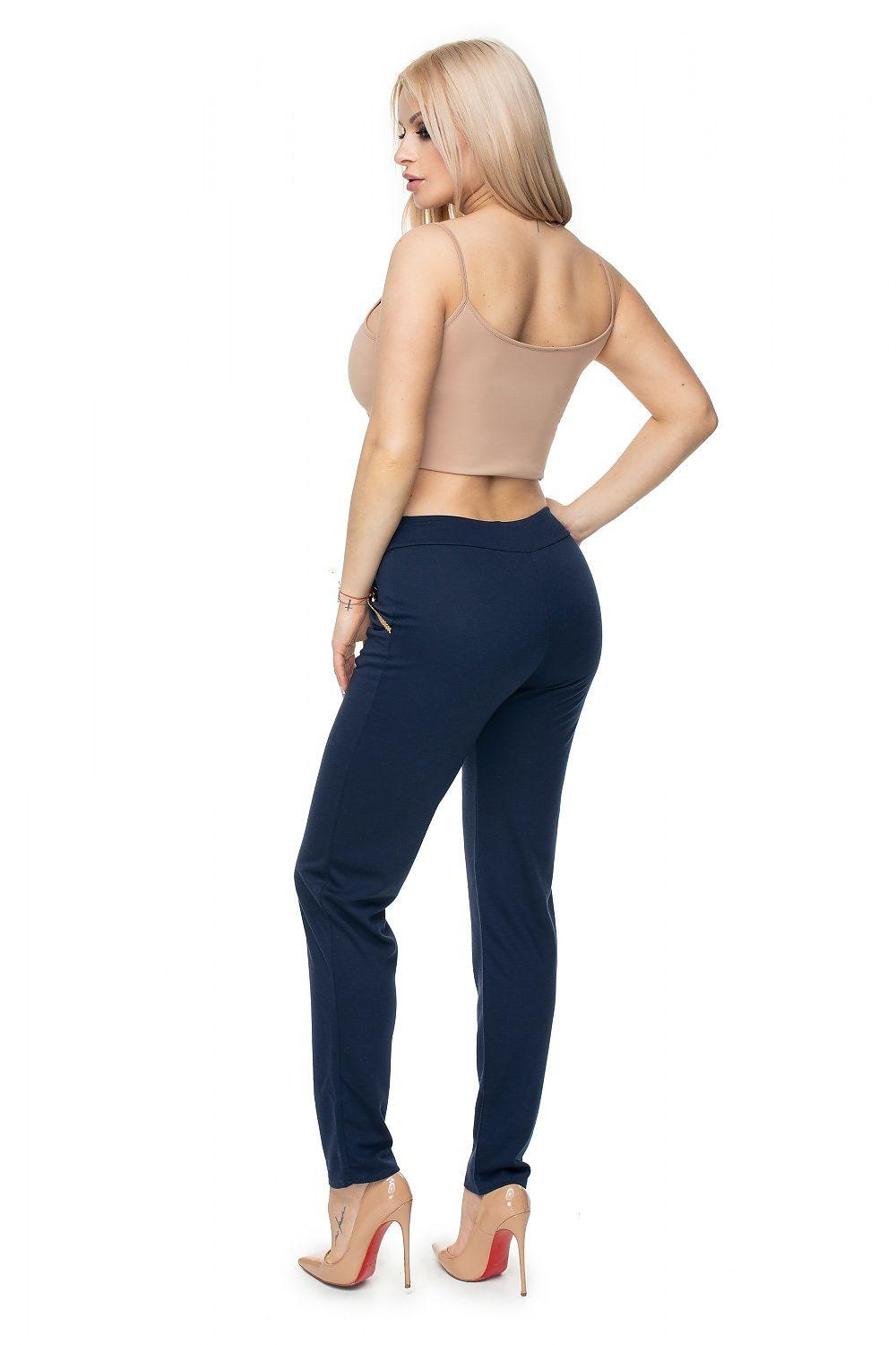 Women's drawstring trousers in navy blue, back view with cuffed hem