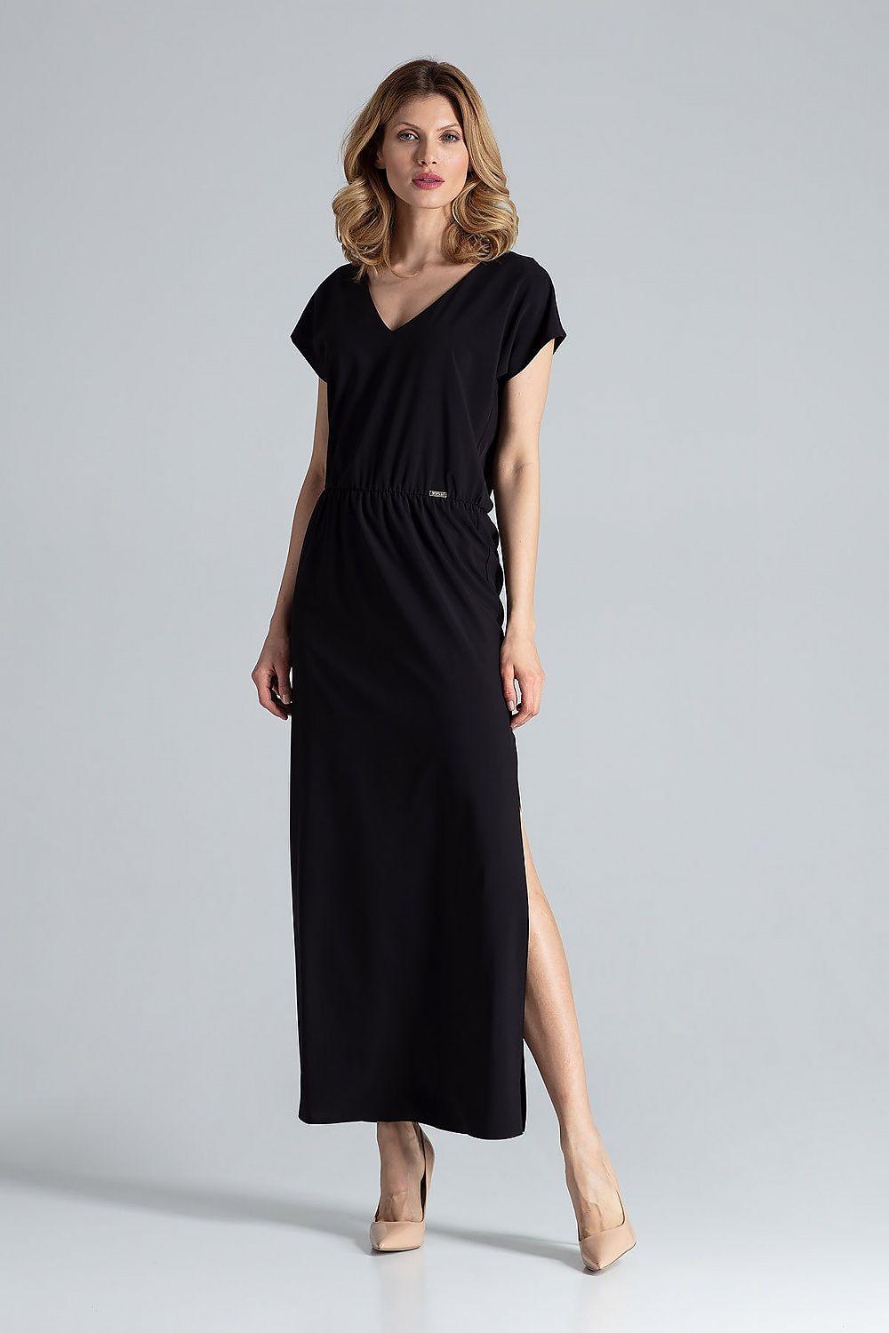 Figl daydress black, V-neck, short sleeves, gathered waist, long maxi length
