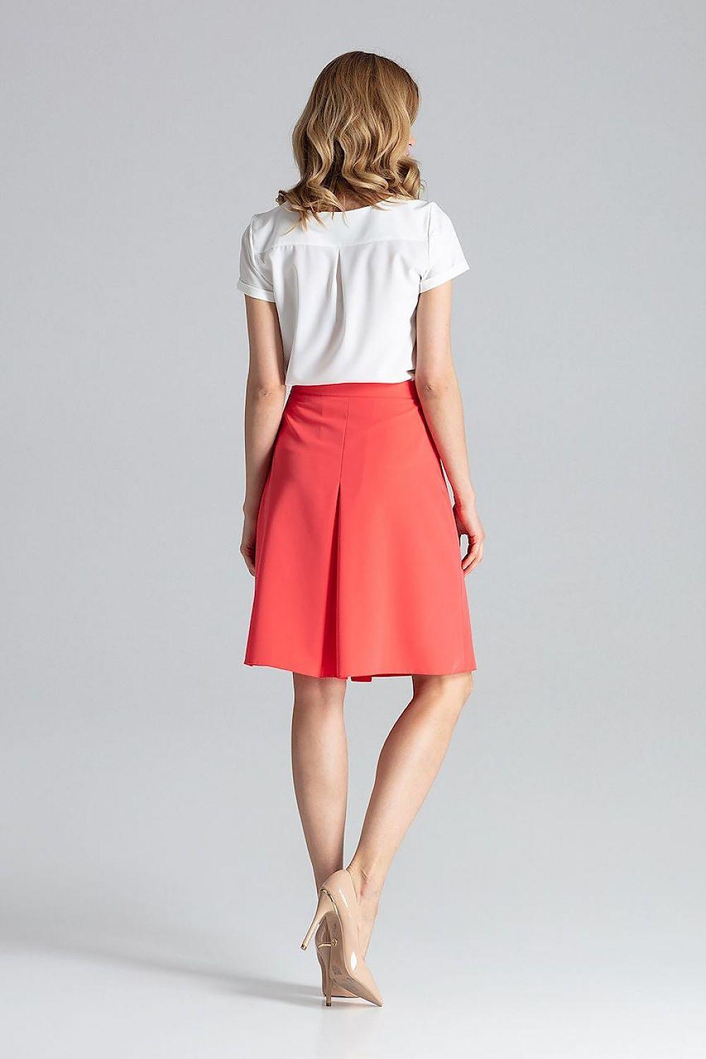 Figl skirt model 132468 coral-pink midi A-line skirt, back view, pleated waist
