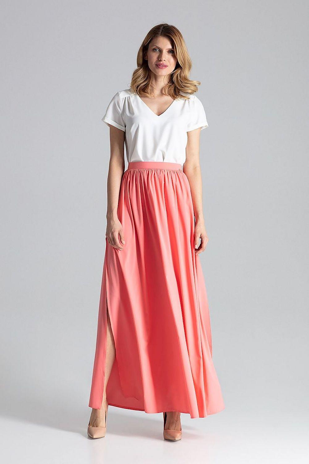 Long coral pink maxi skirt with gathered waistband and flowing pleats