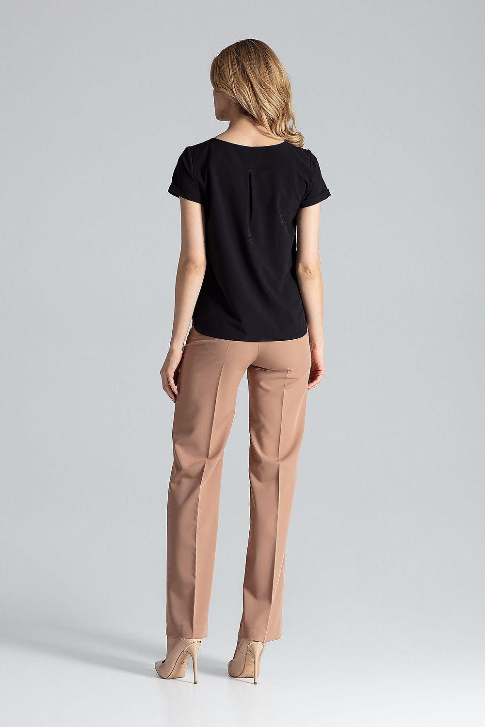 Black short-sleeve blouse, back view with gathered yoke and pleated back