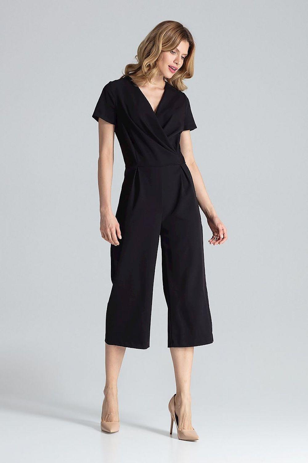 Black wrap jumpsuit with short sleeves, V-neck, gathered waist, cropped wide legs