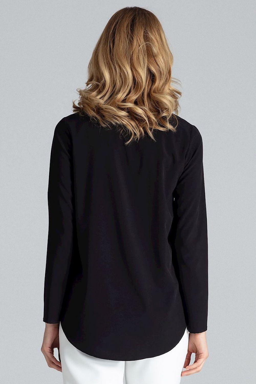 Figl blouse in black, back view, long sleeves and button-front placket