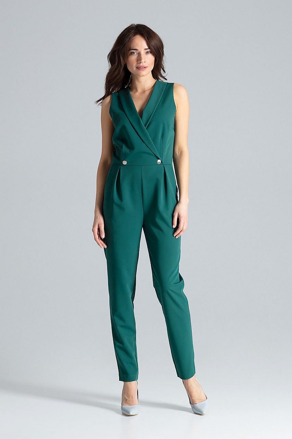Green sleeveless jumpsuit with envelope neckline
