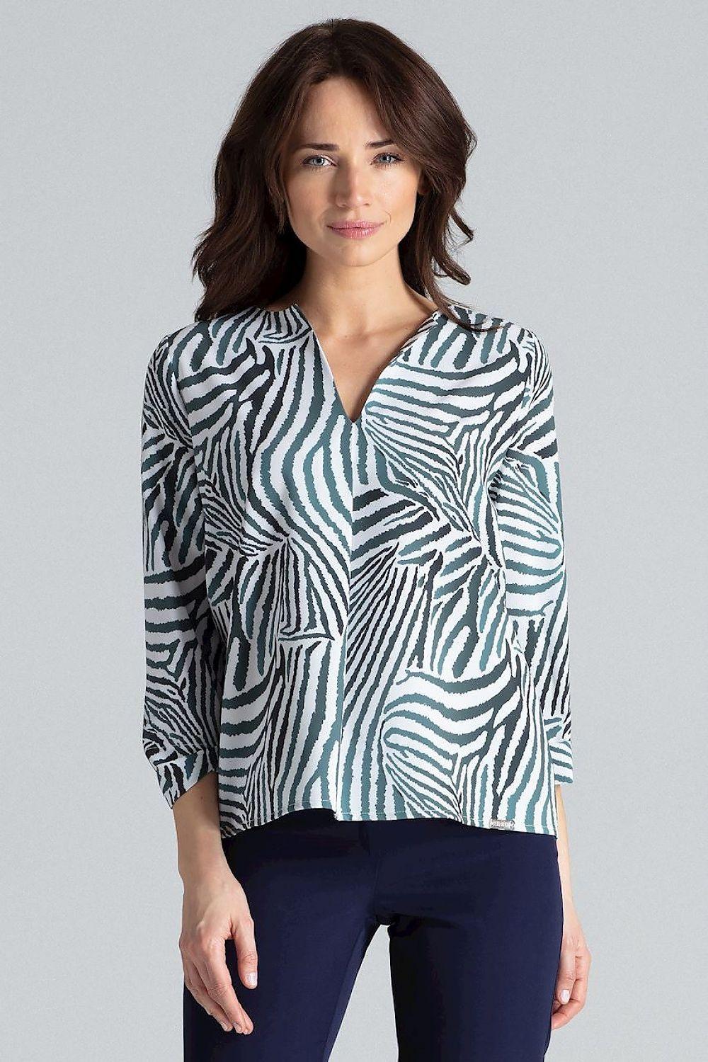 Multicolor patterned blouse with V-neck button placket and three-quarter sleeves