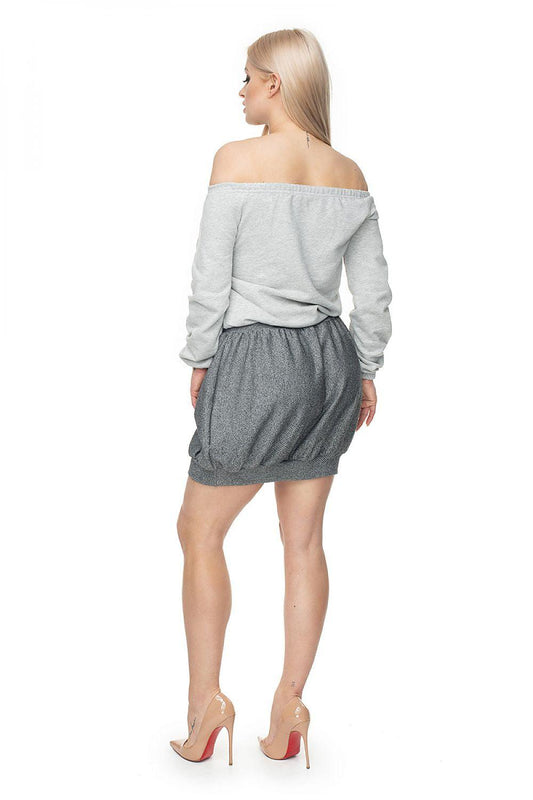 Off-shoulder blouse back view with gathered skirt, long sleeves and tie waist, grey