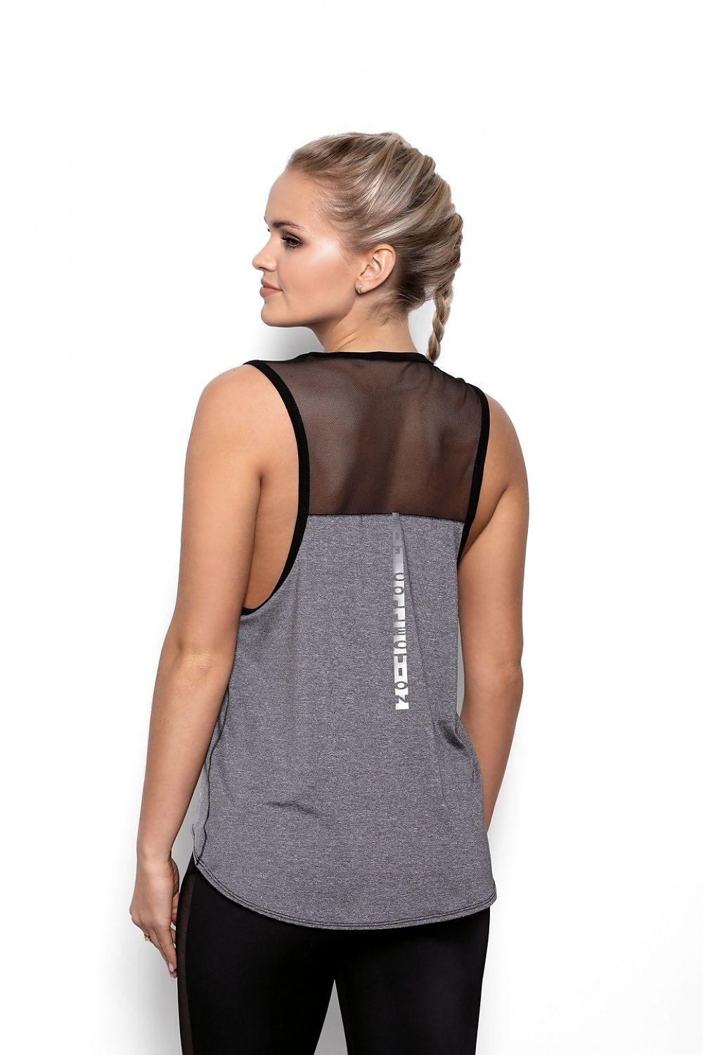 Women's grey tank top with sheer mesh back panel