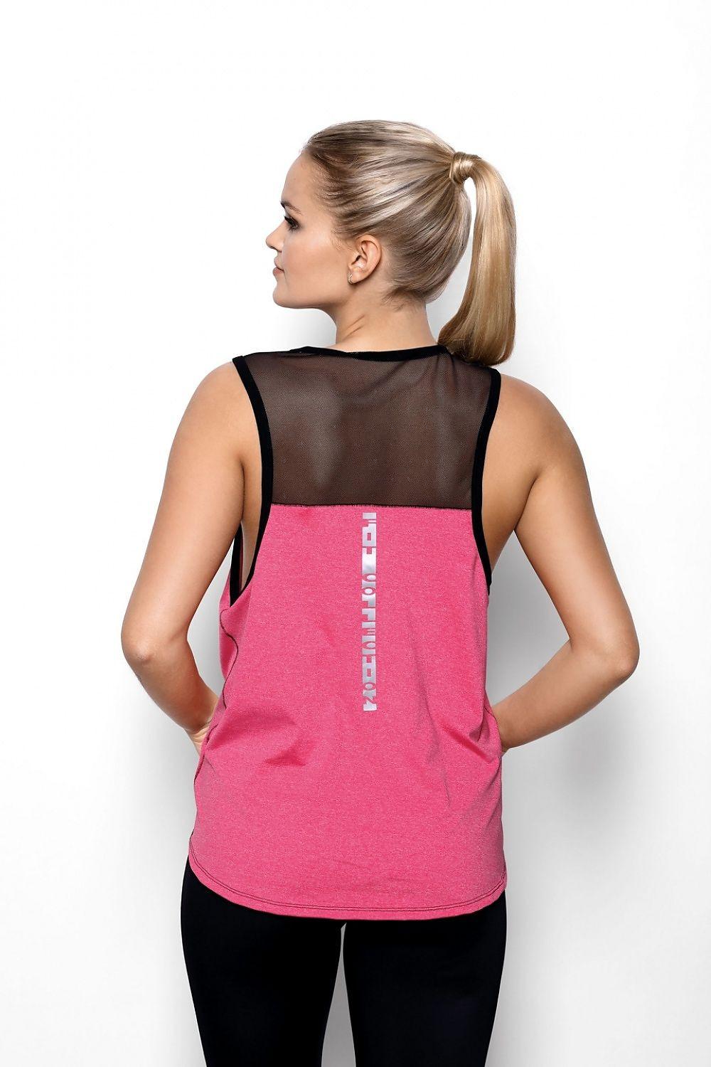 Pink tank top with sheer back panel and vertical logo text